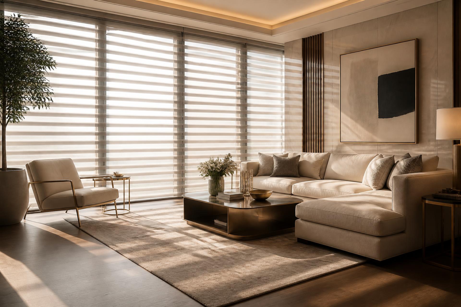 Luxury living room with zebra blinds